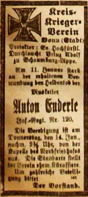 Anzeige in der Deutschen Reichs-Zeitung vom 14. Januar 1915