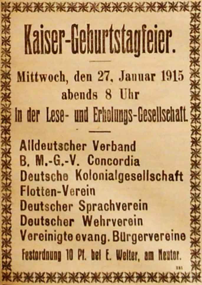 Anzeige in der Reichs-Zeitung vom 25. Januar 1915