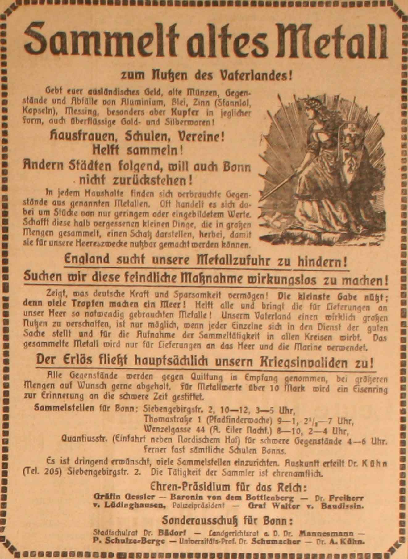 Anzeige in allen Bonner Tageszeitungen vom 27. Januar 1915