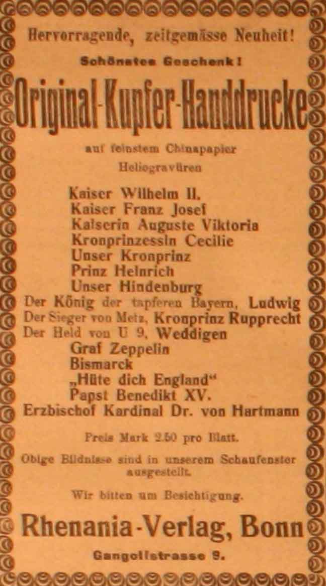 Anzeige in der Deutschen Reichs-Zeitung vom 14. Juli 1915