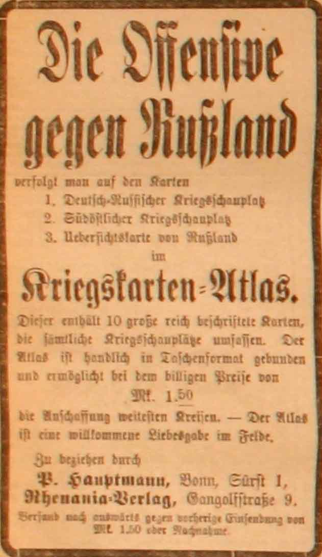 Anzeige in der Deutschen Reichs-Zeitung vom 30. Juli 1915