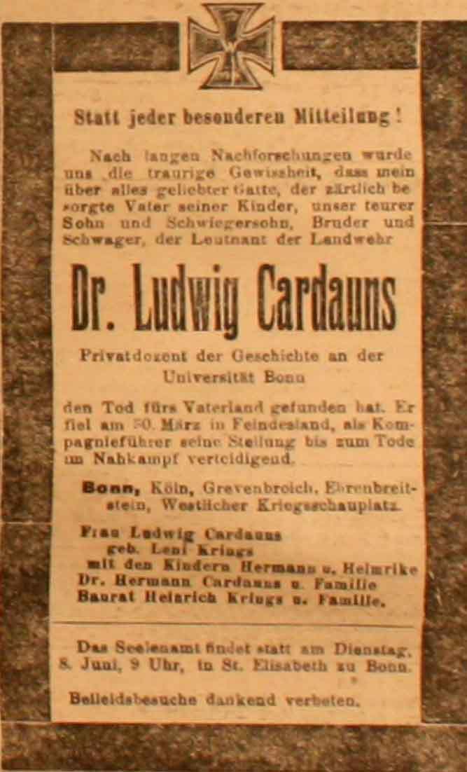 Anzeige in der Deutschen Reichs-Zeitung vom 7. Juni 1915