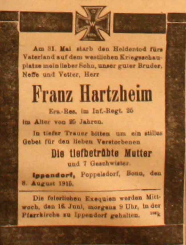 Anzeige in der Deutschen Reichs-Zeitung vom 10. Juni 1915