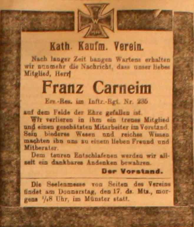 Anzeige in der Deutschen Reichs-Zeitung vom 13. Juni 1915