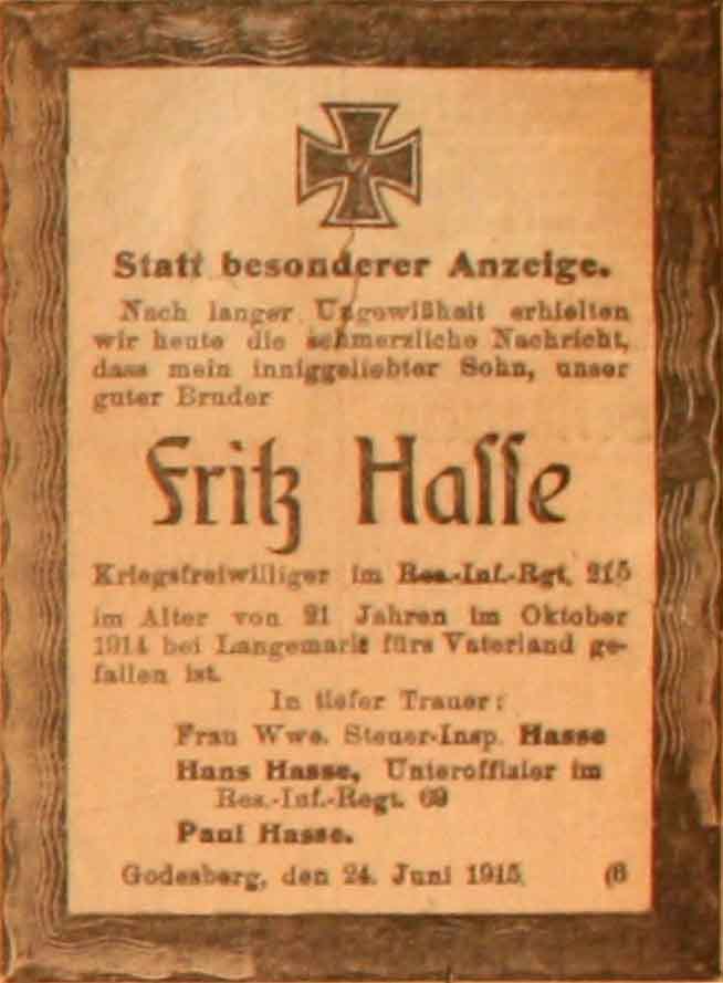 Anzeige im General-Anzeiger vom 26. Juni 1915