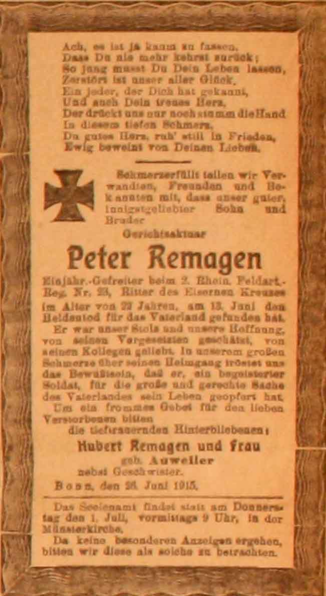 Anzeige im General-Anzeiger vom 27. Juni 1915