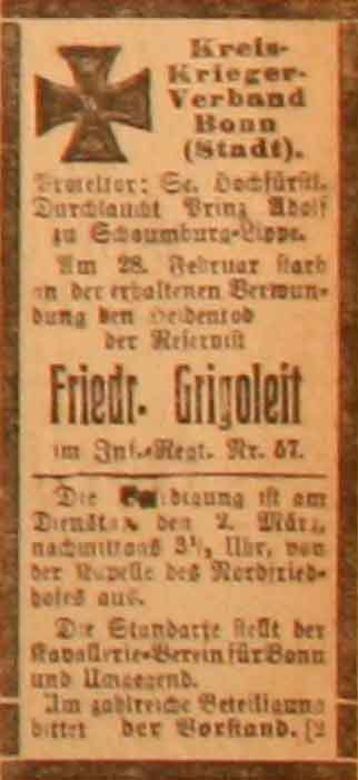 Anzeige im General-Anzeiger vom 2. März 1915