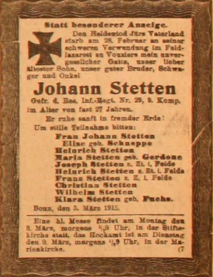 Anzeige im General-Anzeiger vom 7. März 1915