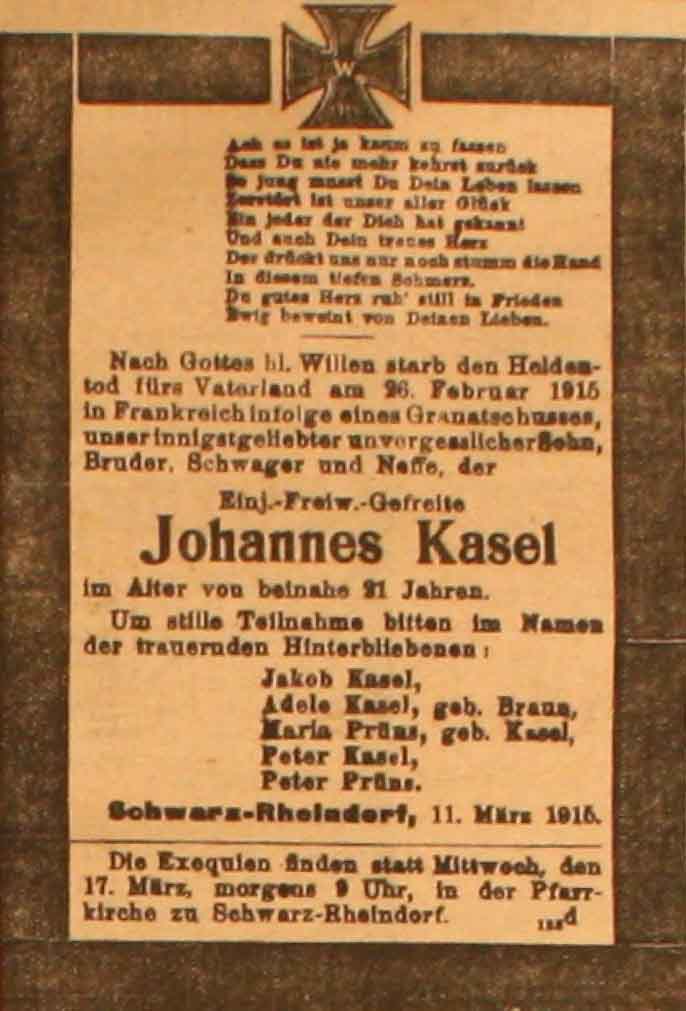 Anzeige in der Deutschen Reichs-Zeitung vom 14. März 1915