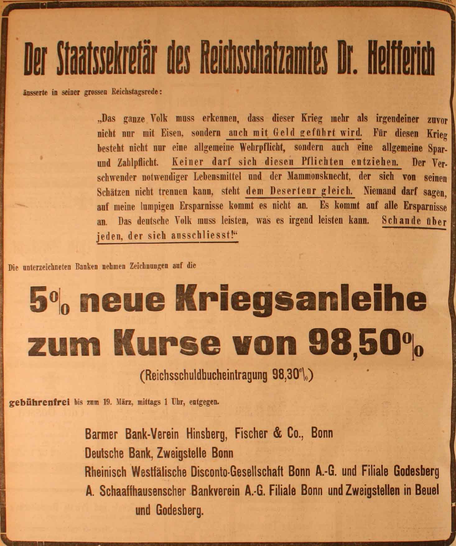 Großanzeige am 14. März 1915 in allen Bonner Tageszeitungen