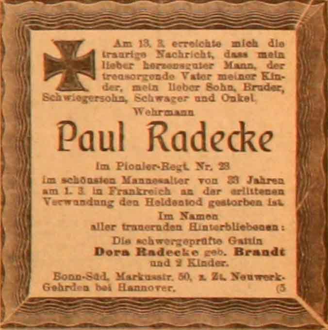 Anzeige im General-Anzeiger vom 19. März 1915