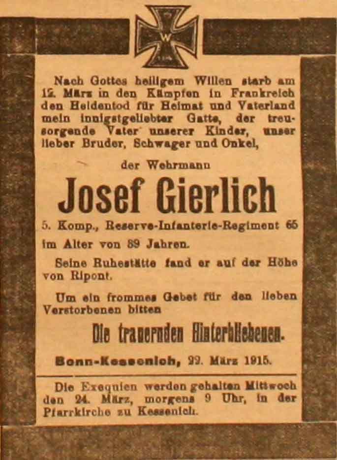 Anzeige in der Deutschen Reichs-Zeitung vom 22. März 1915