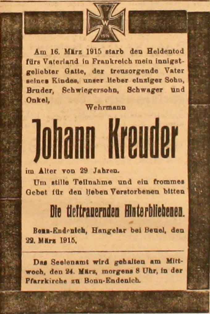 Anzeige in der Deutschen Reichs-Zeitung vom 23. März 1915