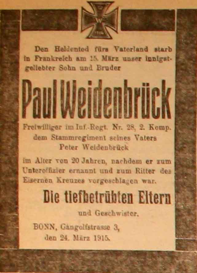 Anzeige in der Deutschen Reichs-Zeitung vom 25. März 1915