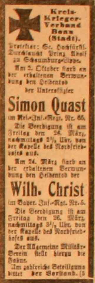 Anzeige im General-Anzeiger vom 26. März 1915