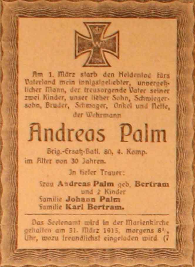 Anzeige im General-Anzeiger vom 28. März 1915