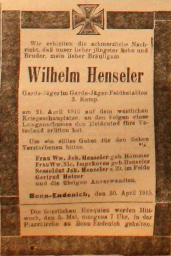 Anzeige in der Deutschen Reichs-Zeitung vom 1. Mai 1915