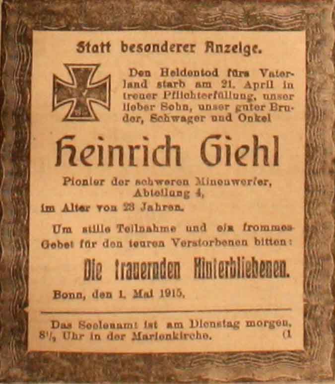 Anzeige im General-Anzeiger vom 3. Mai 1915
