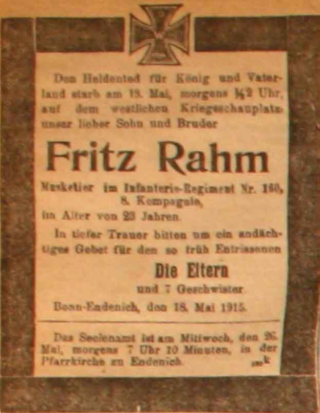 Anzeige in der Deutschen Reichs-Zeitung vom 20. Mai 1915