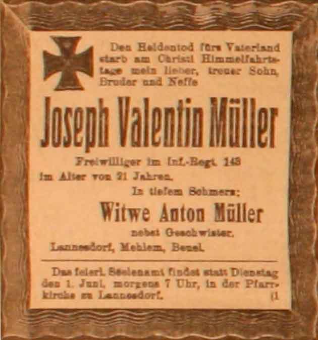 Anzeige im General-Anzeiger vom 31. Mai 1915
