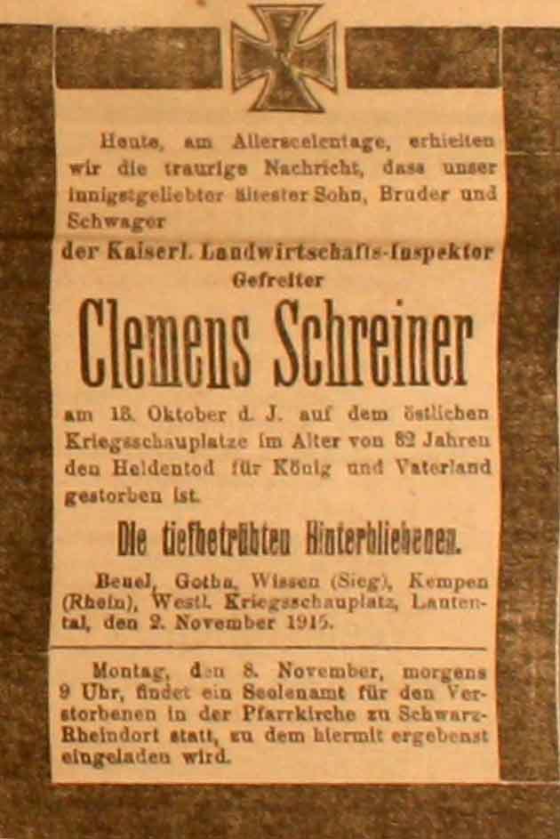 Anzeige in der Deutschen Reichs-Zeitung vom 3. November 1915