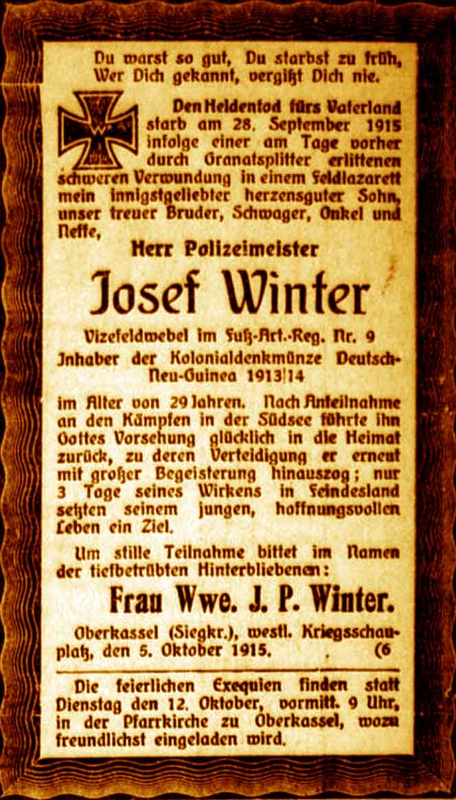 Anzeige im General-Anzeiger vom 9. Oktober 1915
