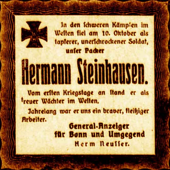 Anzeige im General-Anzeiger vom 19. Oktober 1915