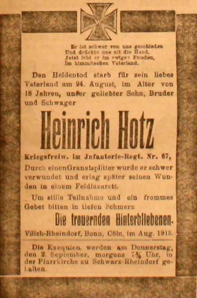 Anzeige in der Deutschen Reichs-Zeitung vom 1. September 1915