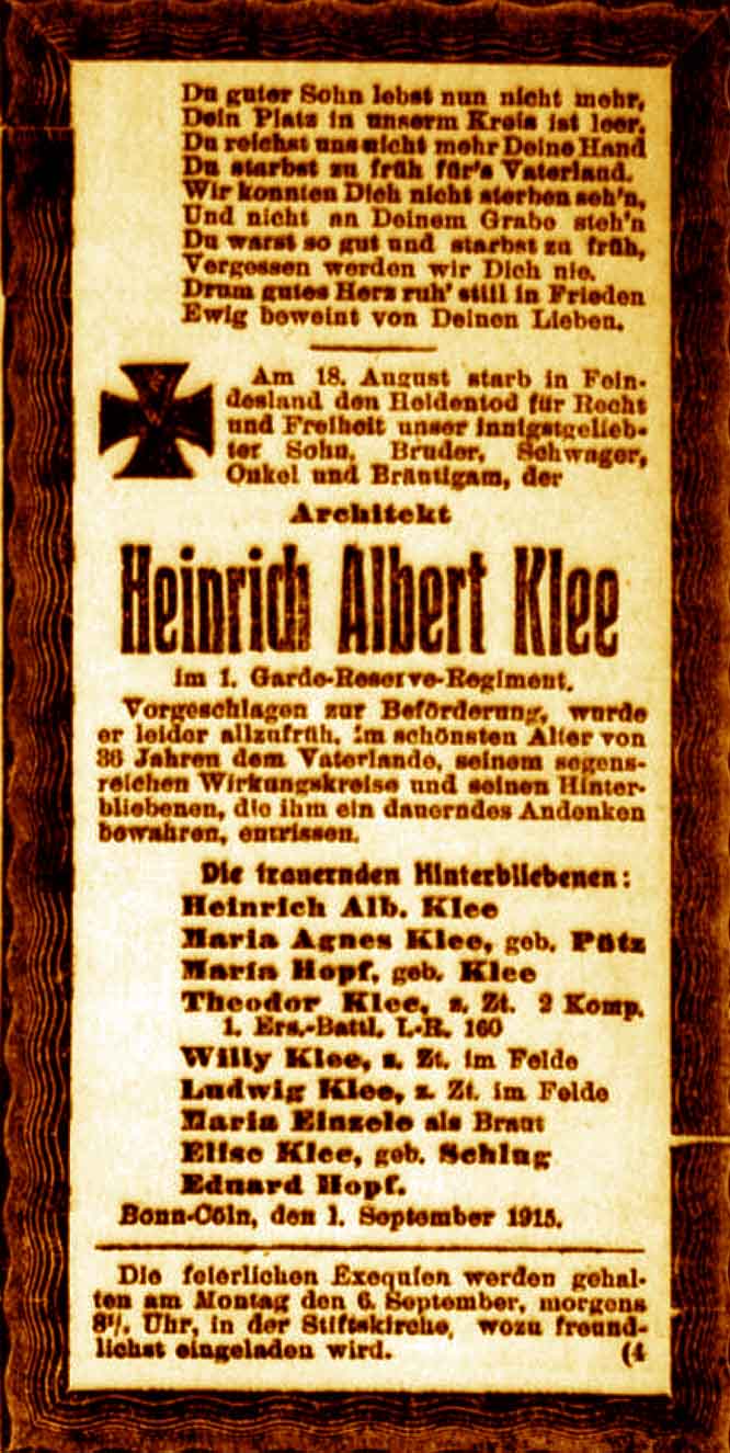 Anzeige im General-Anzeiger vom 2. September 1915