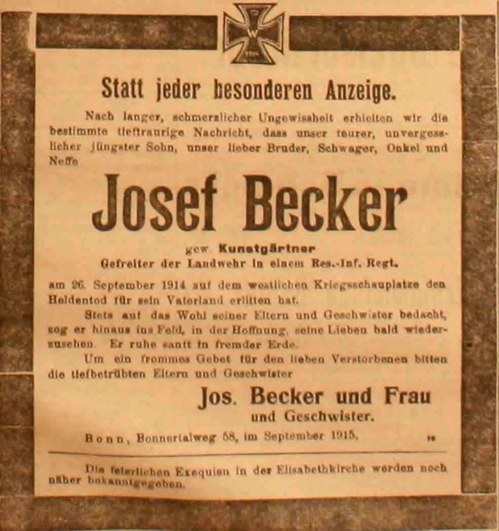 Anzeige in der Deutschen Reichs-Zeitung vom 9. September 1915