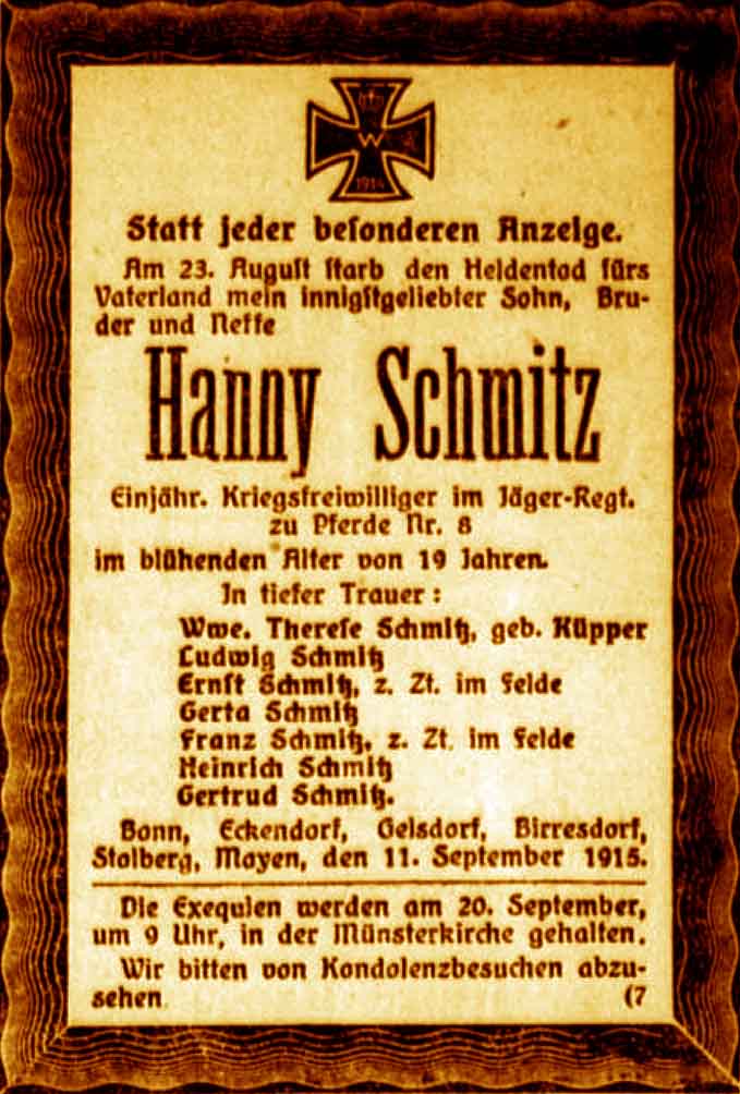 Anzeige im General-Anzeiger vom 12. September 1915