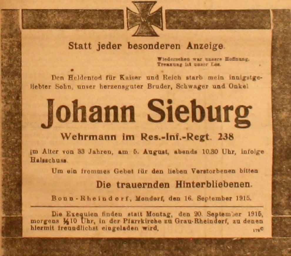 Anzeige in der Deutschen Reichs-Zeitung vom 17. September 1915