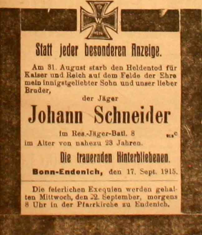 Anzeige in der Deutschen Reichs-Zeitung vom 19. September 1915