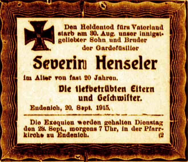 Anzeige im General-Anzeiger vom 21. September 1915