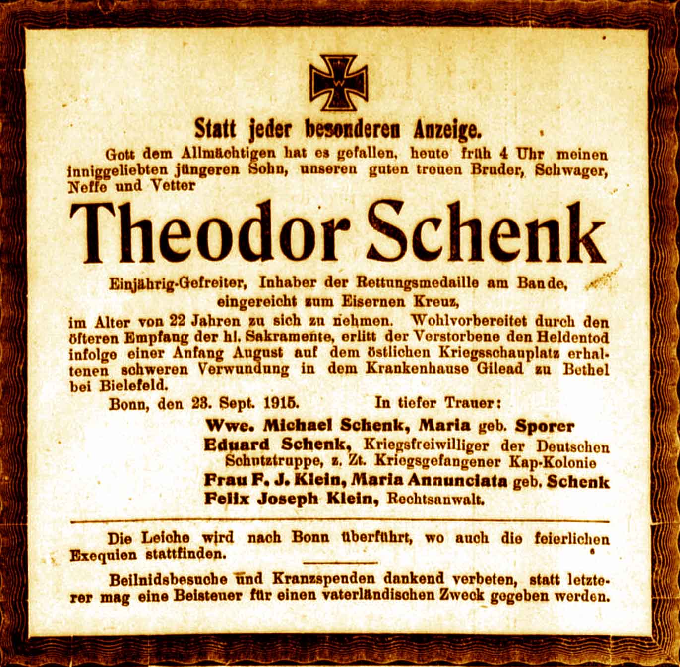 Anzeige im General-Anzeiger vom 25. September 1915