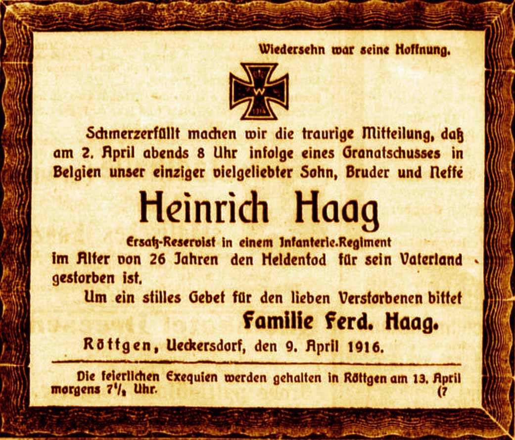 Anzeige im General-Anzeiger vom 9. April 1916