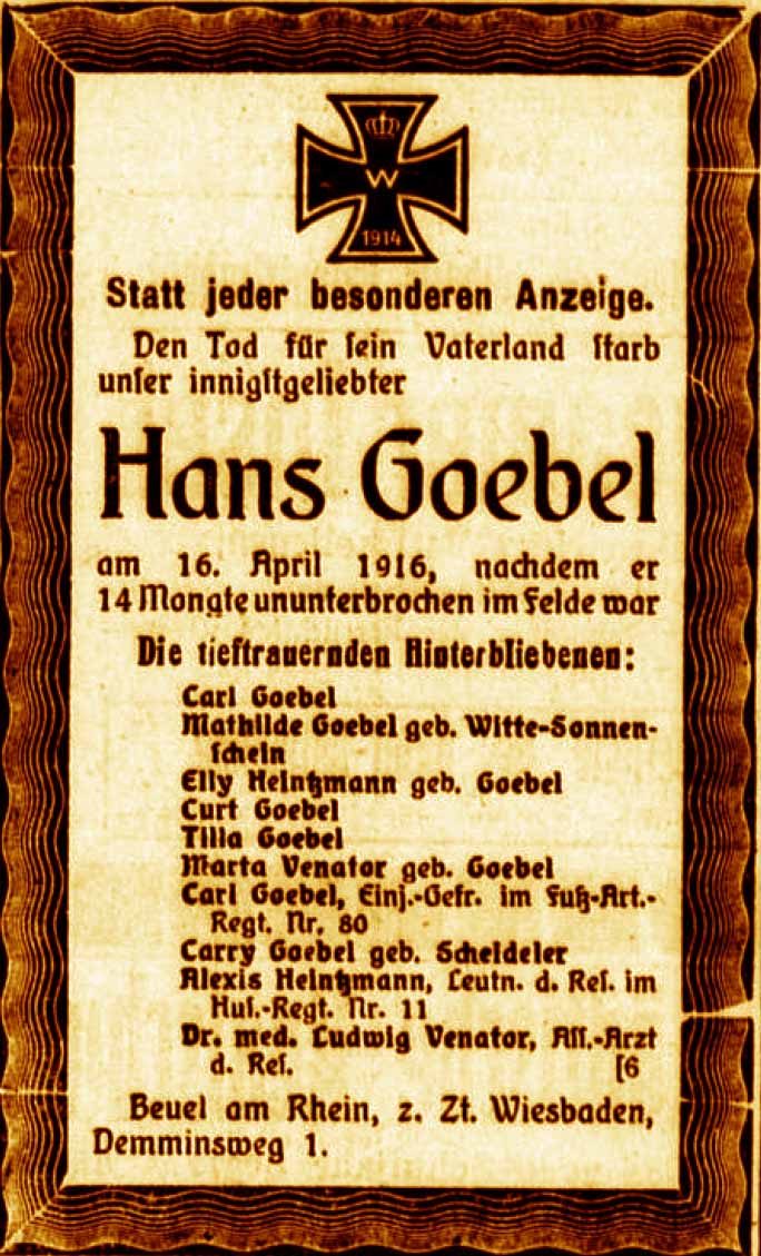 Anzeige im General-Anzeiger vom 22. April 1916