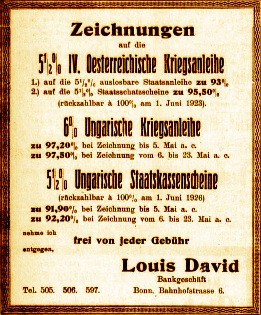 Anzeige im General-Anzeiger vom 26. April 1916