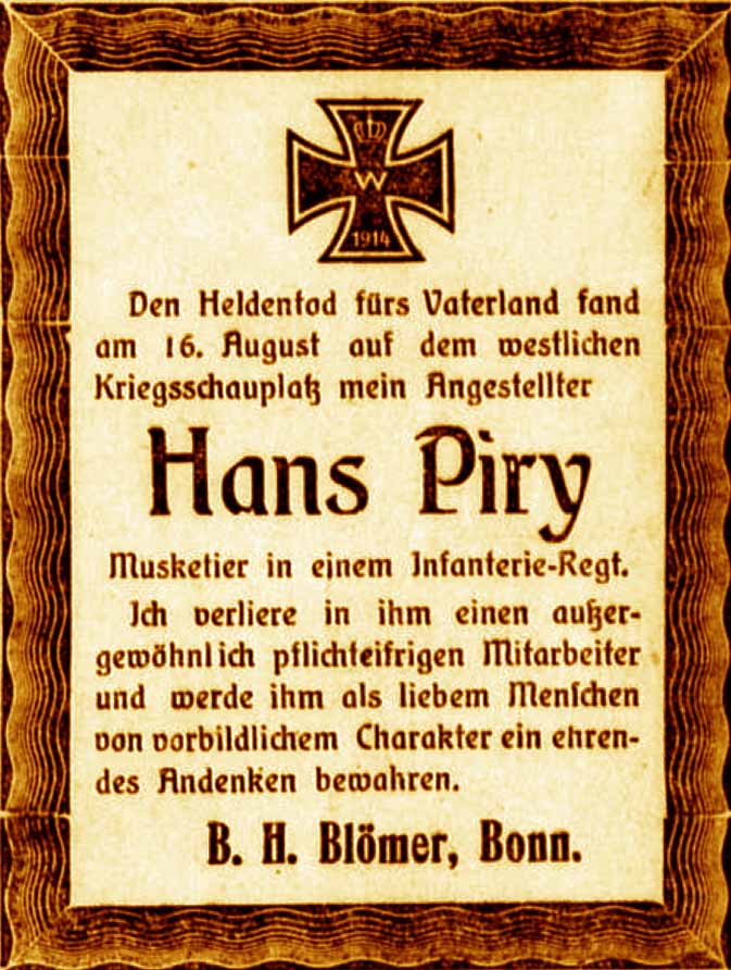 Anzeige im General-Anzeiger vom 22. August 1916
