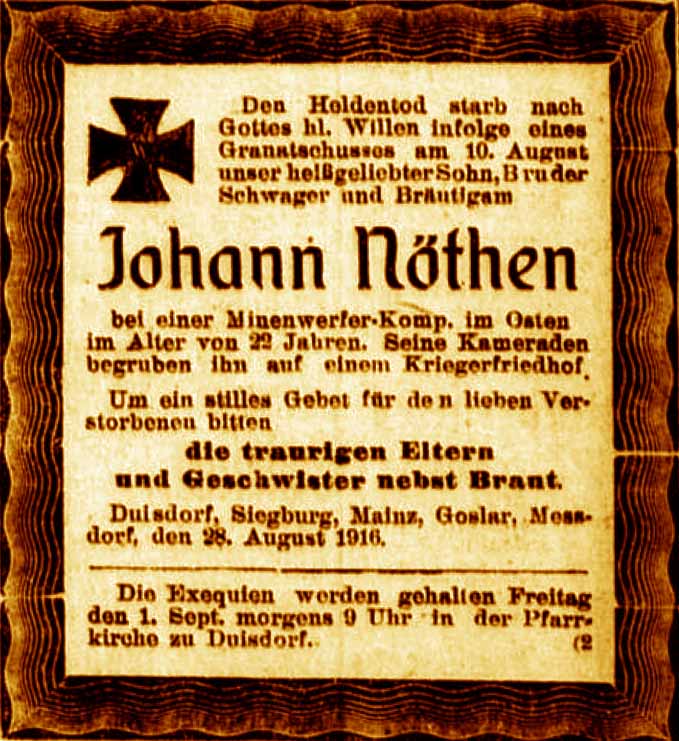 Anzeige im General-Anzeiger vom 29. August 1916
