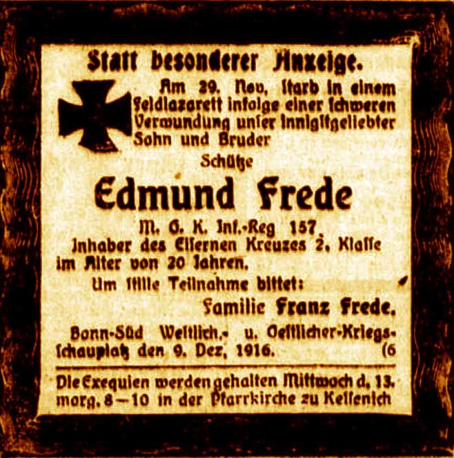Anzeige im General-Anzeiger vom 9. Dezember 1916