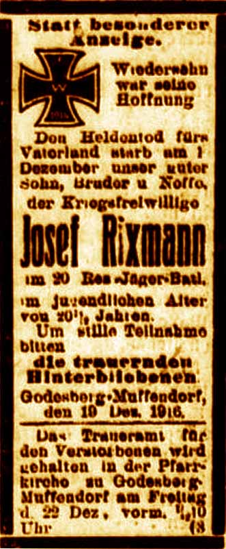 Anzeige im General-Anzeiger vom 20. Dezember 1916