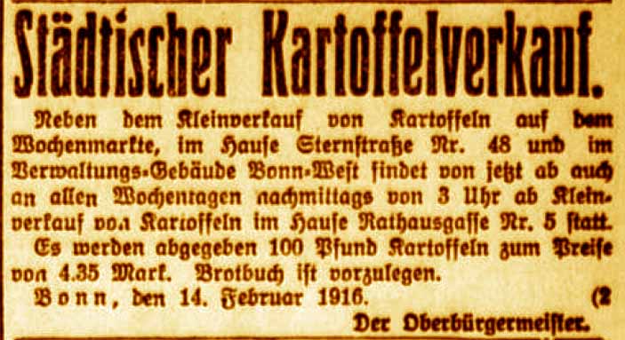 Anzeige im General-Anzeiger vom 15. Februar 1916