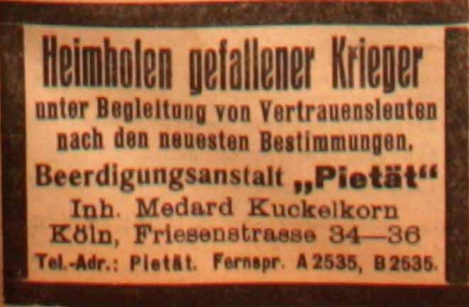 Anzeige in der Deutschen Reichs-Zeitung vom 21. Januar 1916