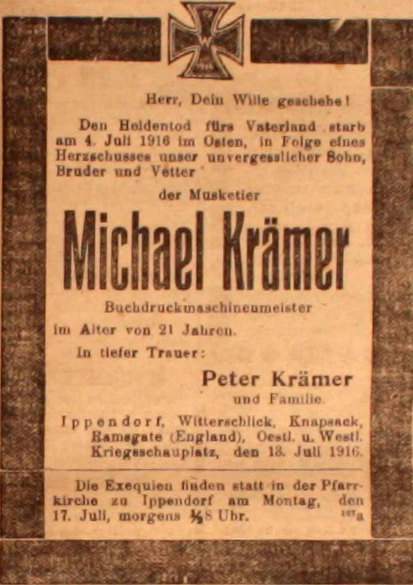 Anzeige in derDeutschen Reichs-Zeitung vom 15. Juli 1916