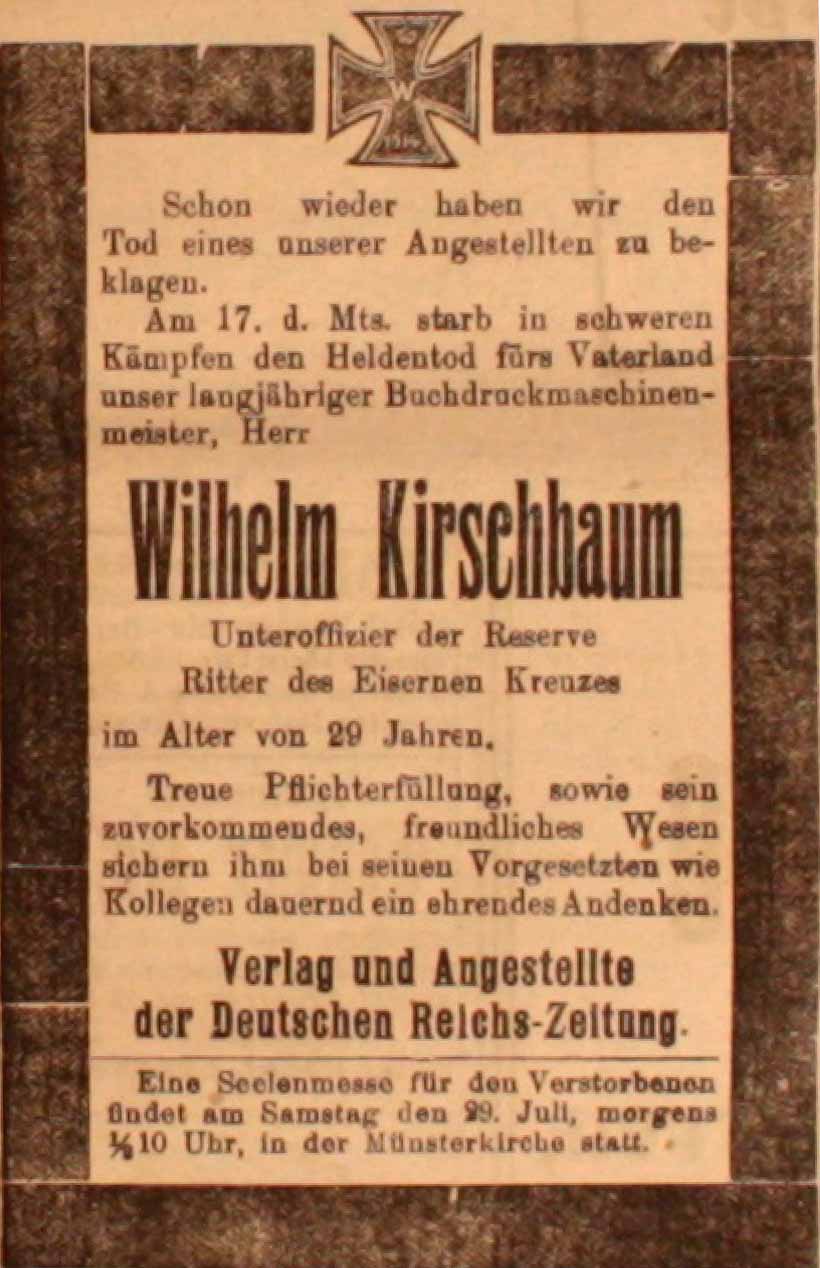 Anzeige in derDeutschen Reichs-Zeitung vom 26. Juli 1916