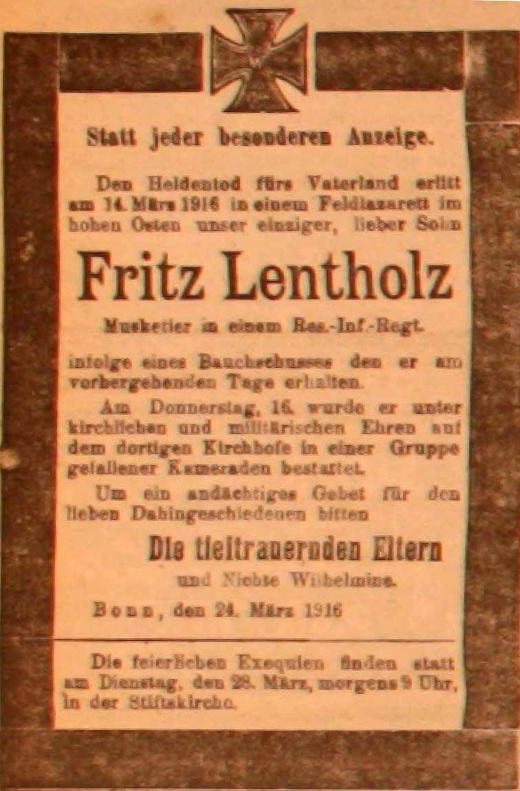 Anzeige in der Deutschen Reichs-Zeitung vom 25. März 1916