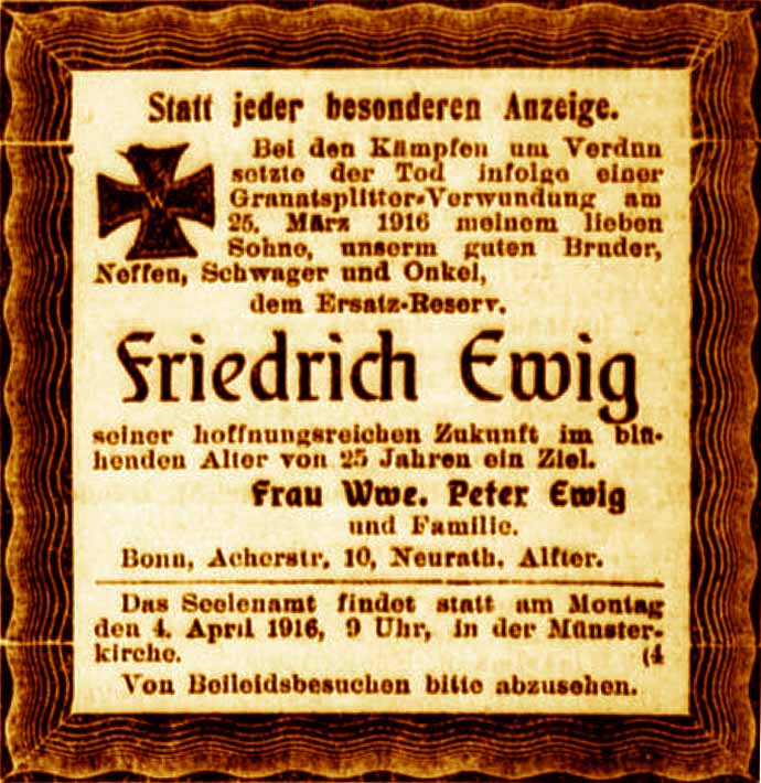 Anzeige im General-Anzeiger vom 30. März 1916