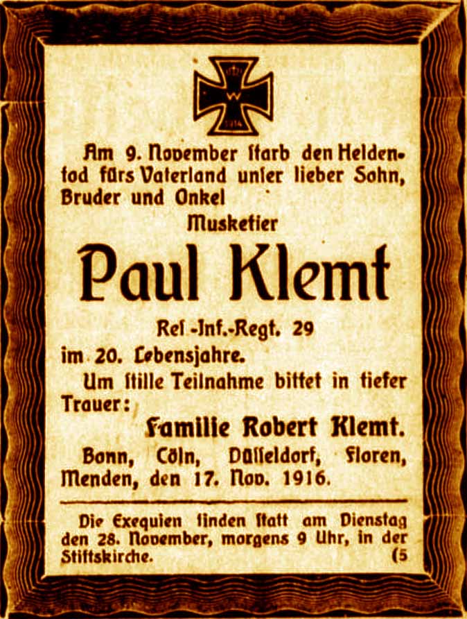 Anzeige im General-Anzeiger vom 17. November 1916