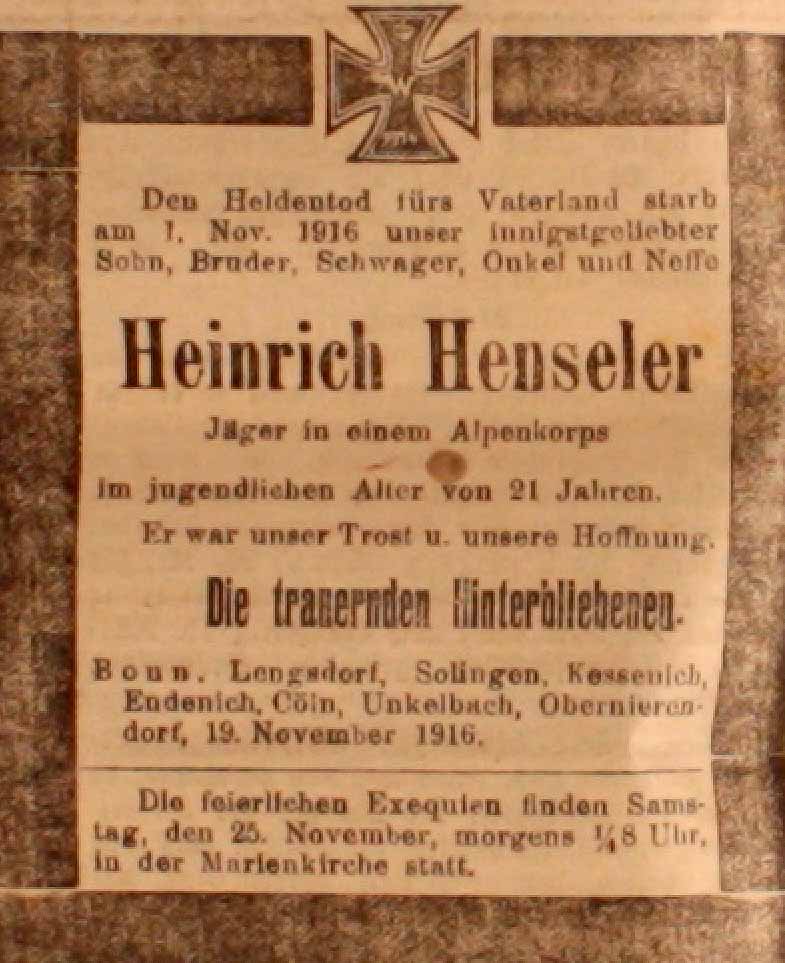 Anzeige in der Deutschen Reichs-Zeitungr vom 20. November 1916
